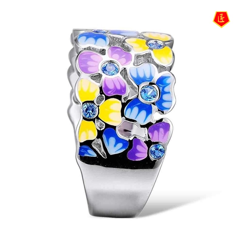 [Ready Stock]925 Silver Blue Flower Rhinestone-Embedded Ring Sweet Personality