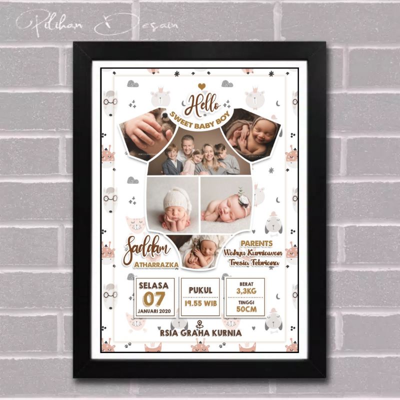 FRAME KACA + CETAK + DESAIN foto biodata anak bayi hadiah gift kado hampers lahiran melahirkan unik