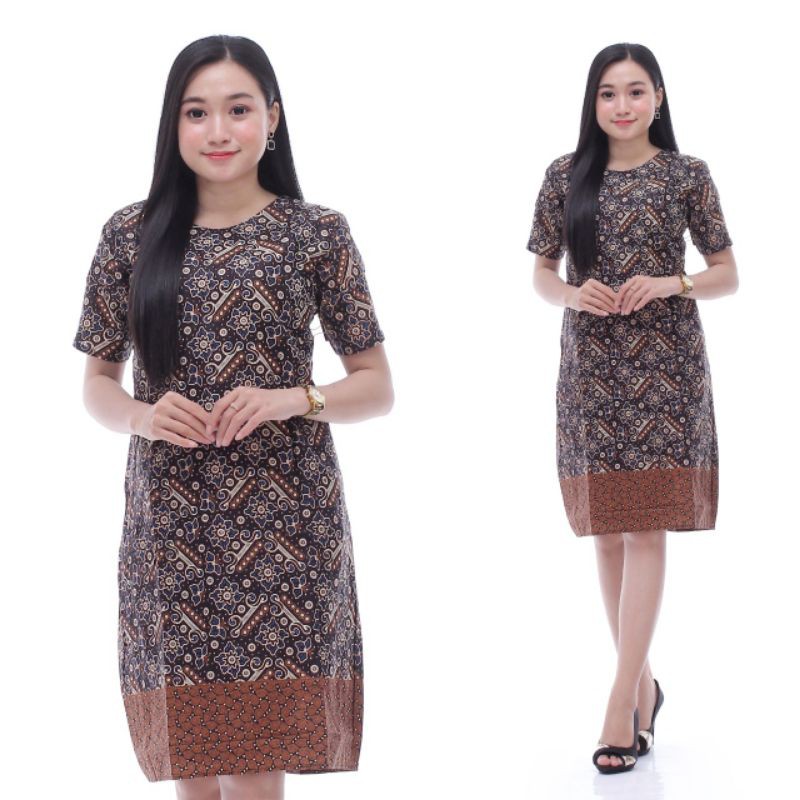 Dress Batik Wanita Modern Lengan Pendek Casual Modis Trendy M L XL XXL Jumbo Original DNT Batik Solo-Motif 5