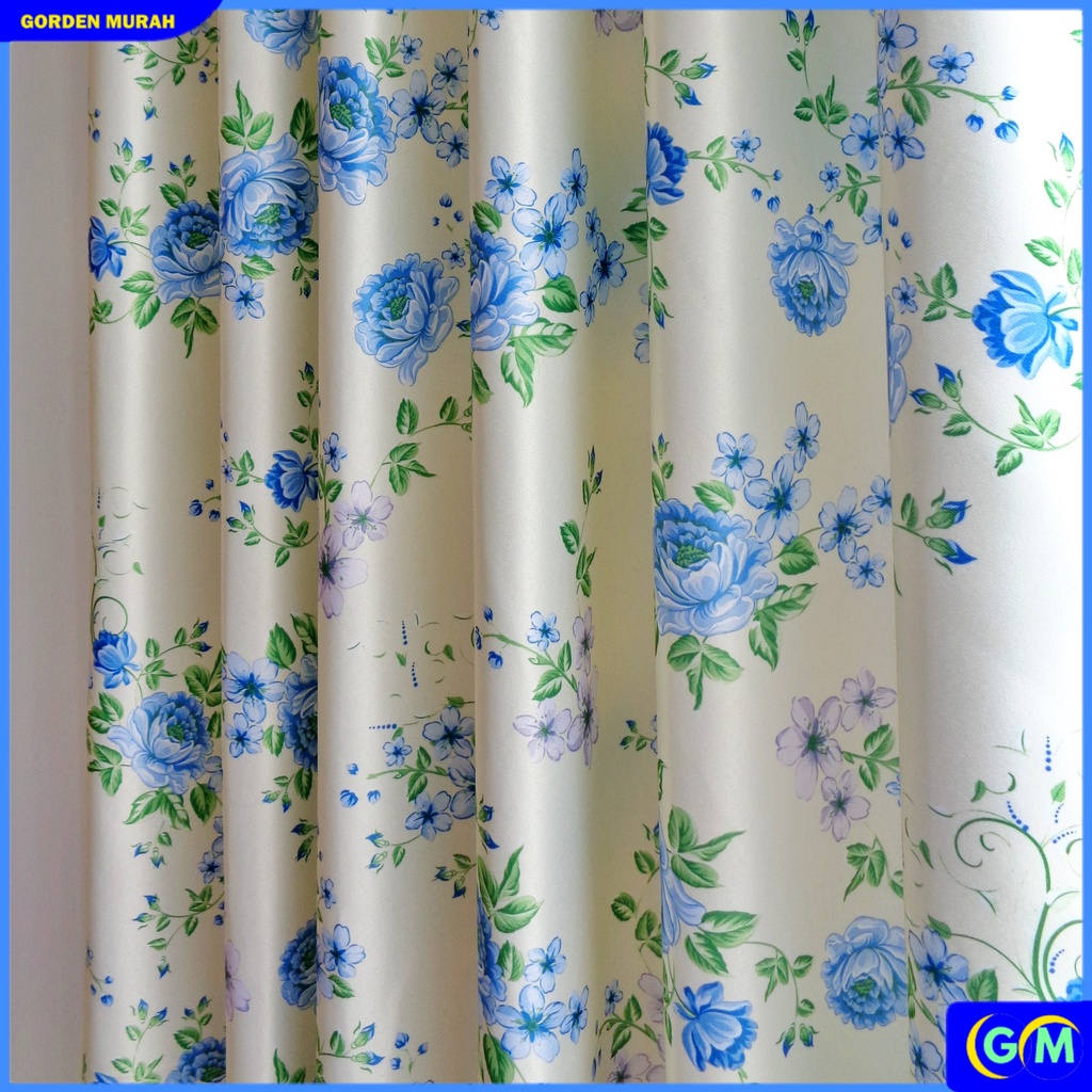 Gorden pintu jendela blackout import motif bunga shaby Smokring 12 ring 6 lipatan-Vanda biru