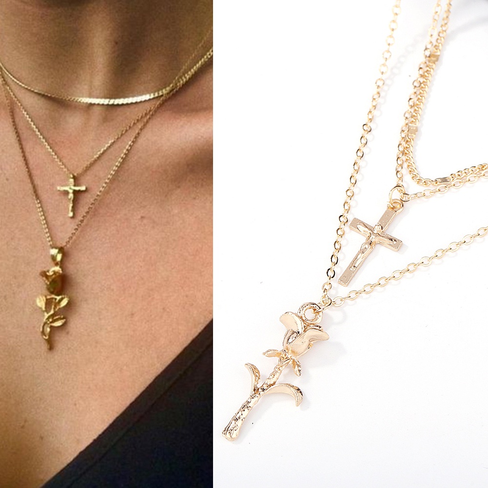 Hu Hu Hu Hu Hu Alat Bantu Pasang Kacamata♡ Kalung Rantai Multi Layer Liontin Salibbunga Mawar Warna Gold Gaya Boho Untuk Wanita