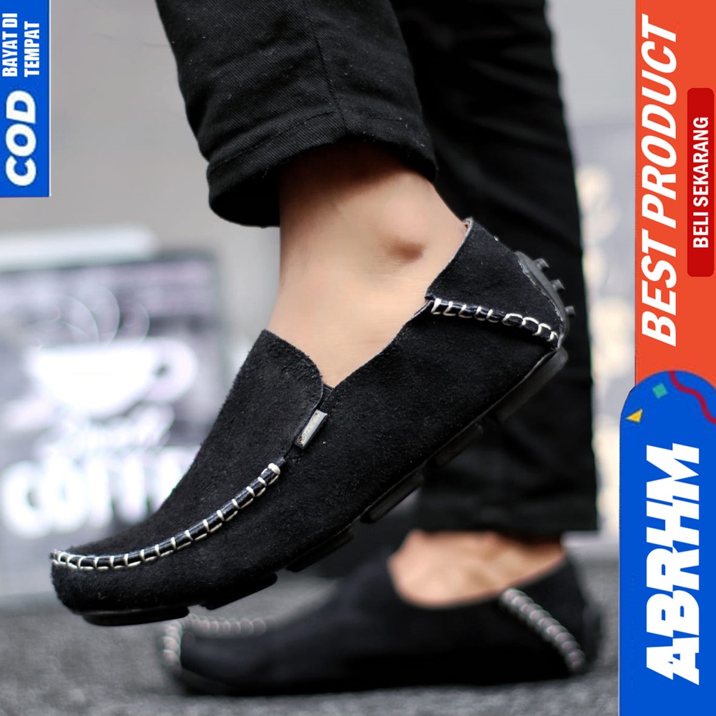 Sepatu Slip On Casual Kulit Asli Kerja Santai Hitam Pria Abrhm Mocsue