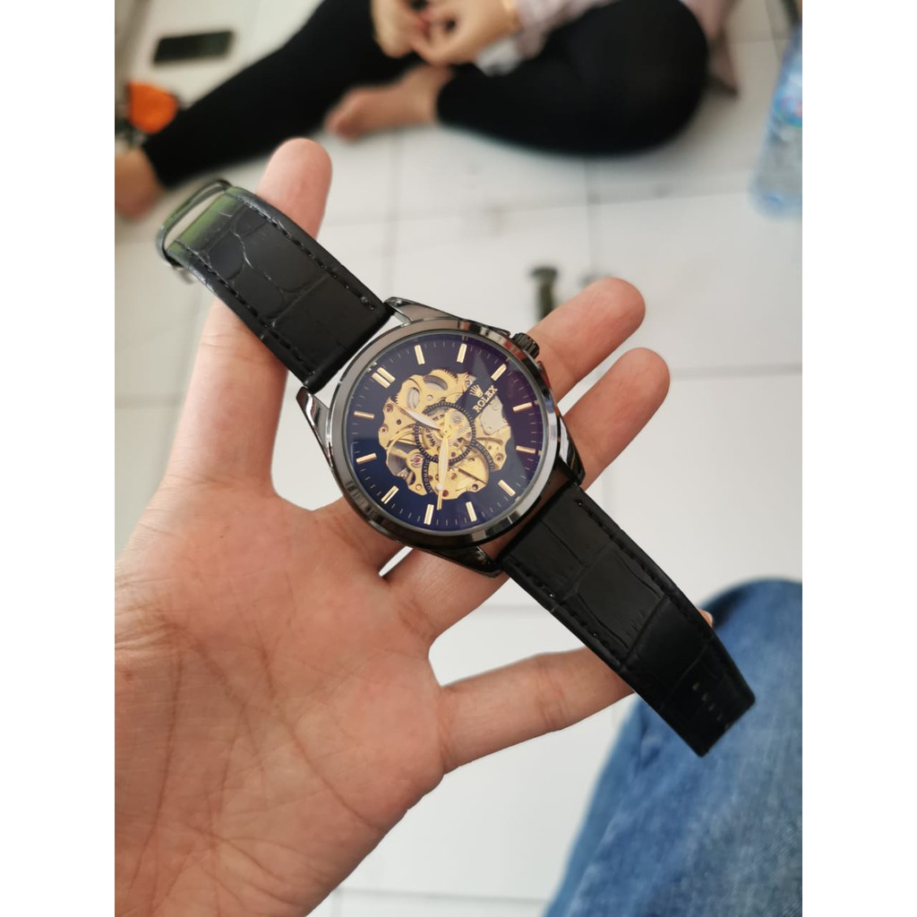 Jam tangan Pria Wanita Cewek Cowok Rolex Skeleton Otomatis Automatic Leather Kulit Analog Premium