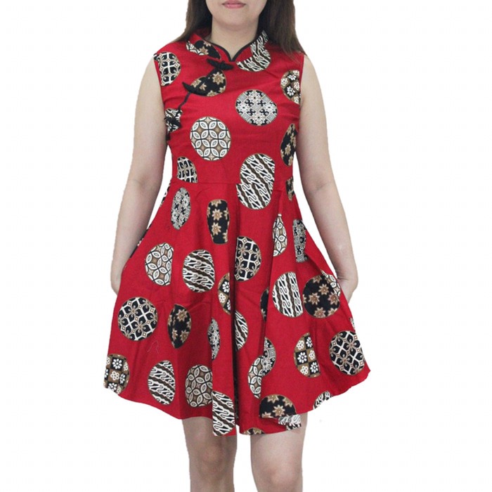 Dress imlek Dress wanita batik imlek tanpa lengan jumbo bigsize XL katun strecth Murah