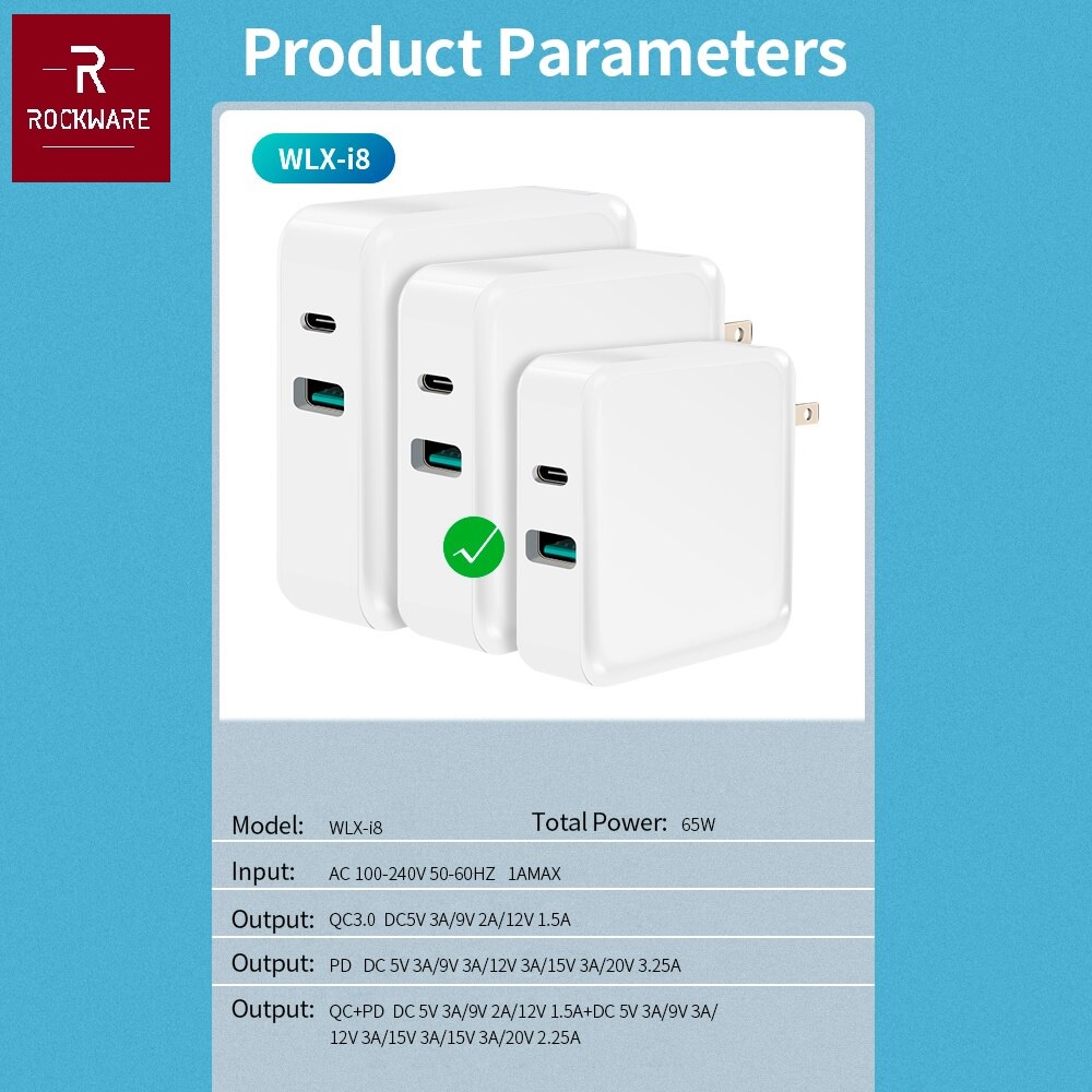 ROCKWARE WLX-I8 65W - Charger 2 Port USB-A dan USB-C - PD dan QC 3.0