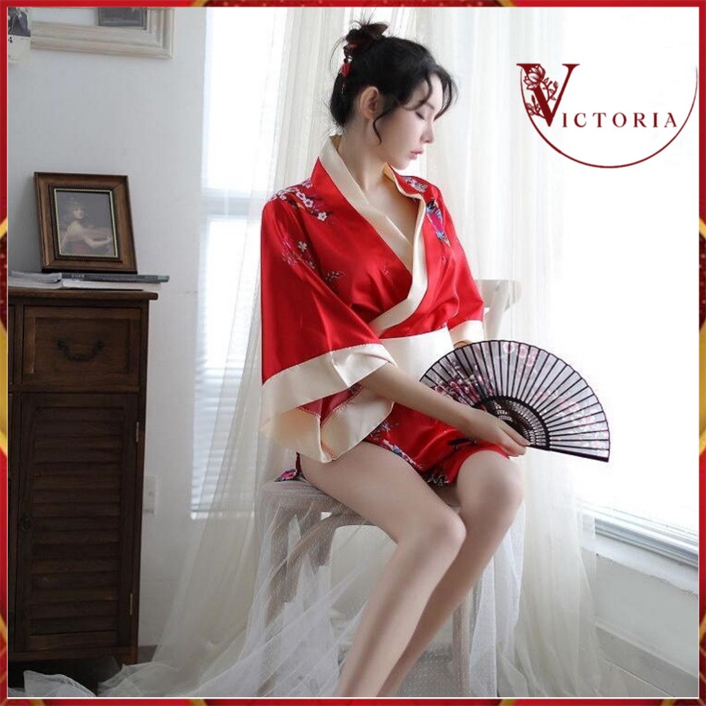 Victoria Kimono Jepang Cosplay Lingerie Bahan Satin Motif Bunga 3080