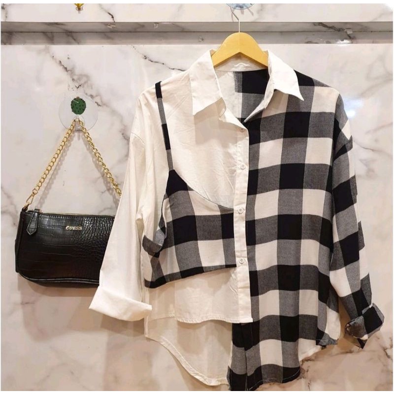 LUCKY BLOUSE KEMEJA WANITA OUTER VEST OVERSIZE KEMEJA OSLIN ATASAN CASUAL BLOUSE KOTAK KOTAK FLANEL WANITA BAHAN KATUN PREMIUM LENGAN PANJANG FULL KANCING MODEL TERBARU KOREAN STYLE KOREA KEKINIAN CROP TOP THRIFT  TARTAN TWO TONE  SHIRT LD 100 SIZE L