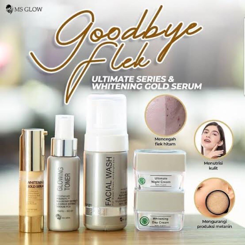 ms glow- (ori) paket ultimate + serum whitening gold + free pouch + free setrika wajah