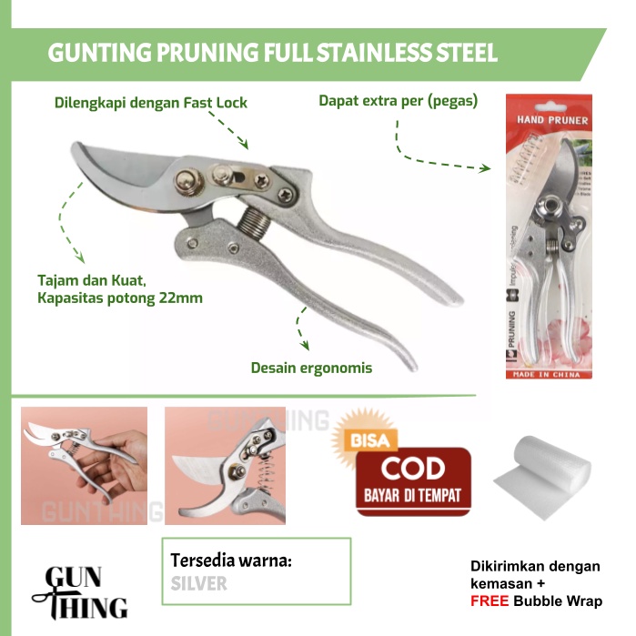 Gunting Pruning Full Stainless Steel / Gunting Dahan Ranting Tanaman Kebun /Gunting Taman Silver Extra Per