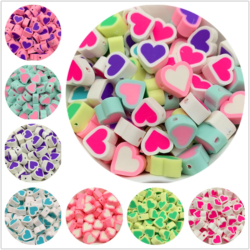 30Pcs / Lot Manik-Manik Spacer Polymer Clay Bentuk Hati Warna Campur 10mm Untuk Membuat Perhiasan Handmade DIY