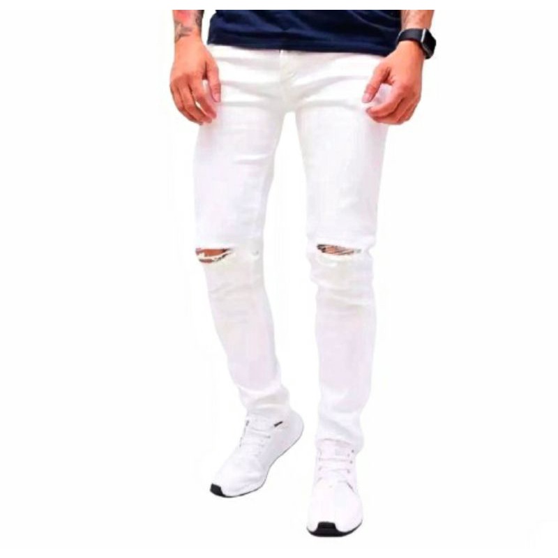 Celana Jeans Putih Sobek Cowok/Pria Skinny Stretch