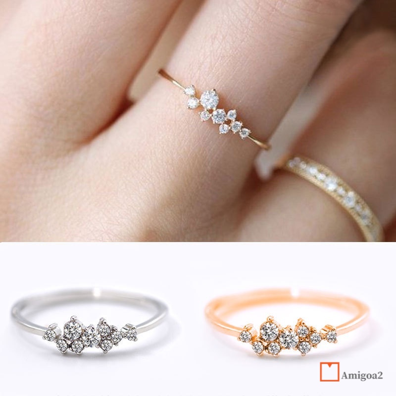 Cincin Simple Sterling Silver 925 Hias Kristal Zircon 3 Lapis Emas 18K Untuk Wanita AM2