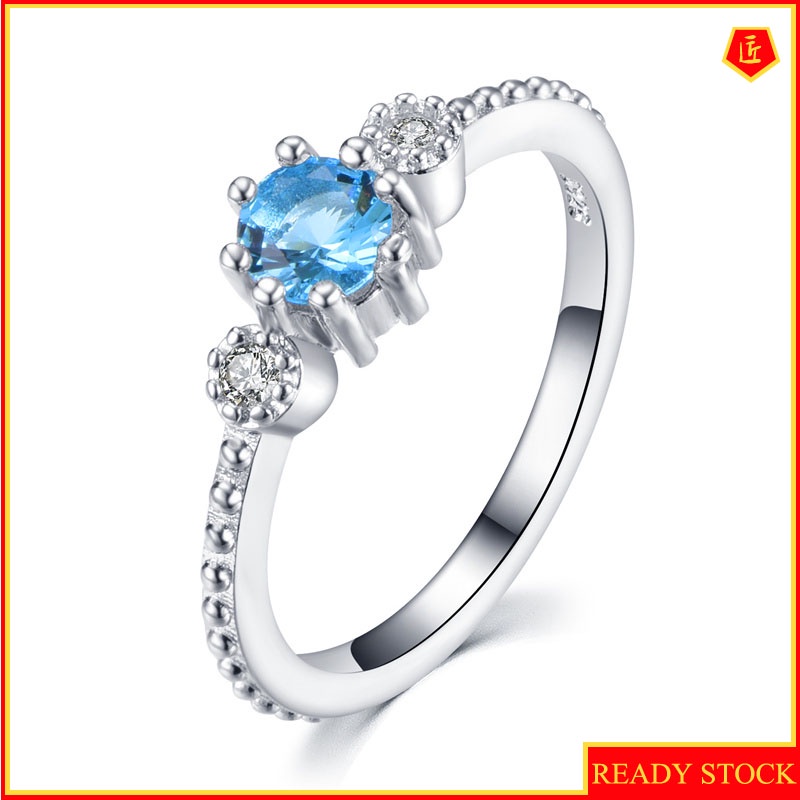 [Ready Stock]Simple Personality 925 Silver Sea Blue Diamond Ring