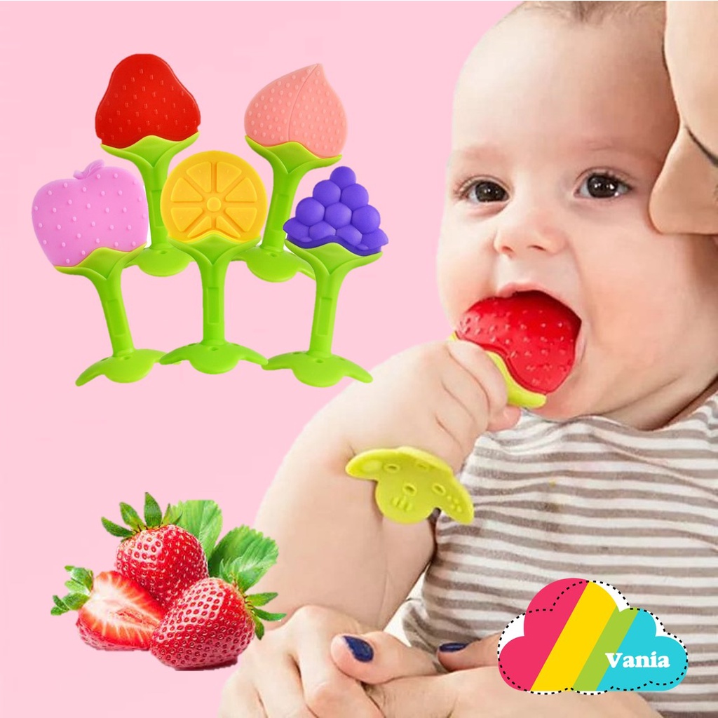 Baby teether buah Empen bayi gigitan tooth pacifier mainan rattle genggam fruit silikon silicon apel orange strawberry anggur peach