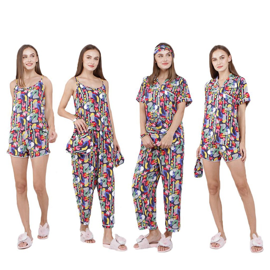 SET PIYAMA SATEN PREMIUM 7IN1 & RAYON 7IN1 READY STOK Kyoro Beauty 7 in 1 - celline-KIARRA NAVY