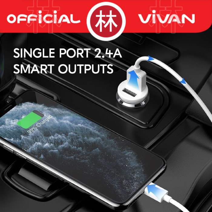 Vivan VCC01 Small Car Charger Dual Port USB 2.4A With Cable Micro USB