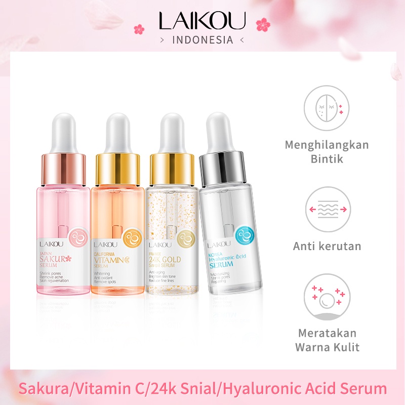 LAIKOU Sakura Serum Mencerahkan 24k Snail Vitamin C Glowing Cherry Blossom Hyaluronic Acid Essence 17ml