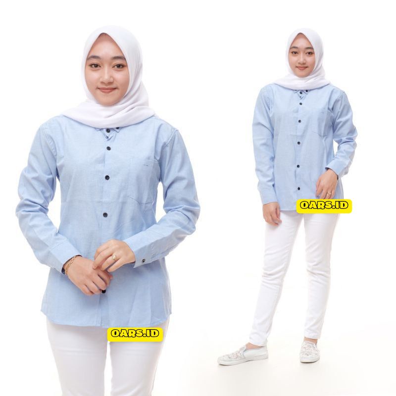 Pakaian wanita kemeja polos lengan panjang tosca putih softblue M L XL