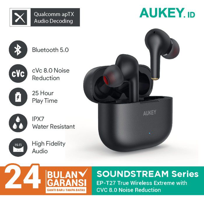 Aukey Earphone Bluetooth TWS - Deep Bass With cVc Noise Reduction &amp; APTX - 500786 - EP-T27