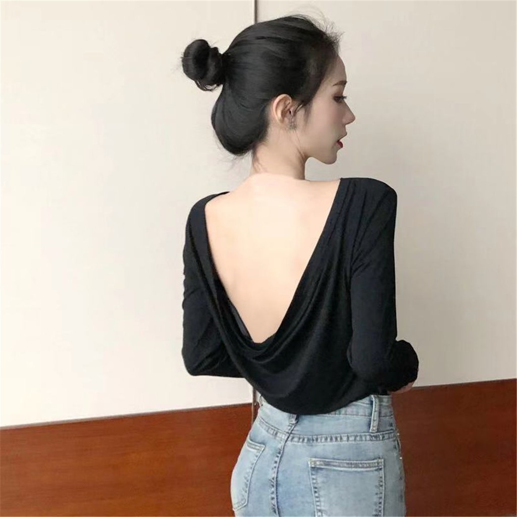 suhao TT-shirt Wanita Baru Seksi Telanjang Kembali Slim Bottoming Kemeja Warna Solid Lengan Panjang