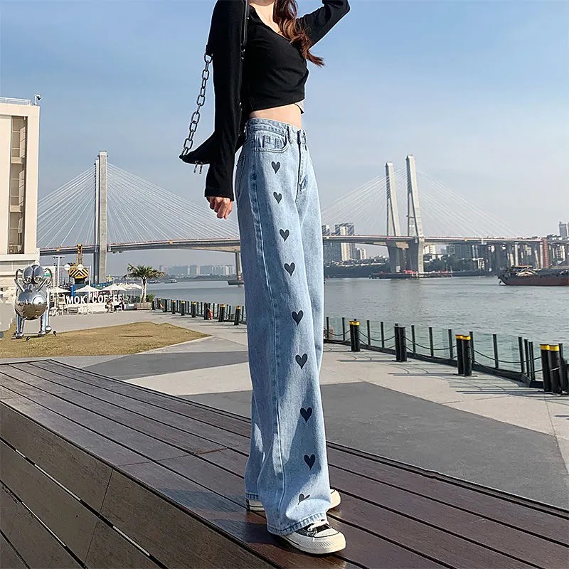 yikoo-Celana jeans bordir cinta high waist wanita panjang longgar boyfriend pants