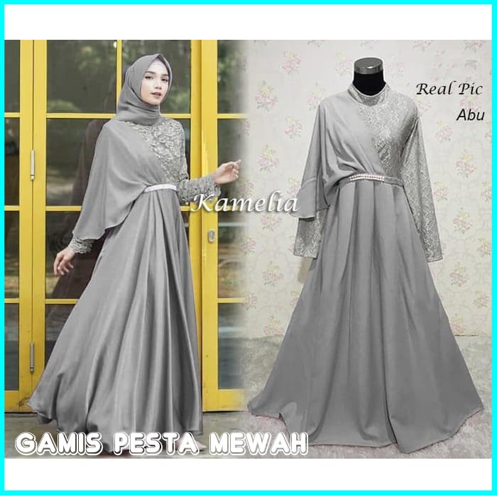 BAJU KONDANGAN WANITA WARNA ABU ABU BAJU GAMIS MEWAH KAMELIA