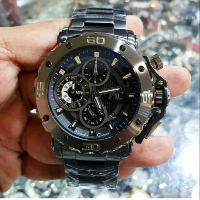 JAM ALEXANDRE CHRISTIE ORIGINAL AC 9205 FULL BLACK READY TERMURAH JAM PRIA