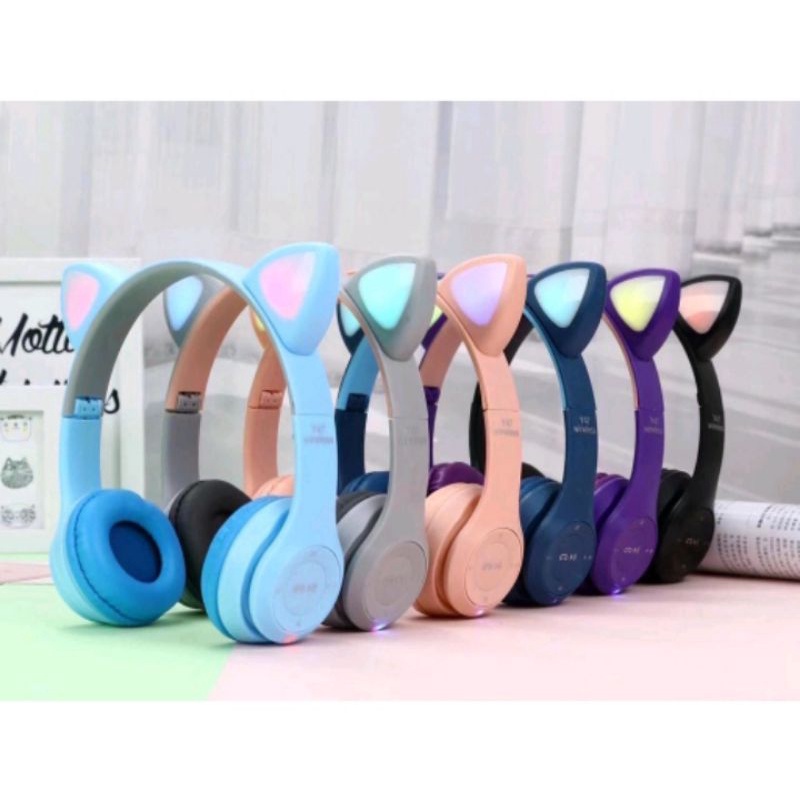 HEADSET HANDSFREE LED BANDO CAT MACARON BLUETOOTH MICRO SD MZ-P47