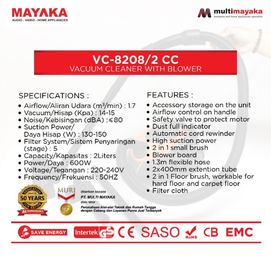 Vacuum Mayaka VC-8208/2 CC Cleaner with Blower Sedotan Kuat Dan Kapasitas GEDE