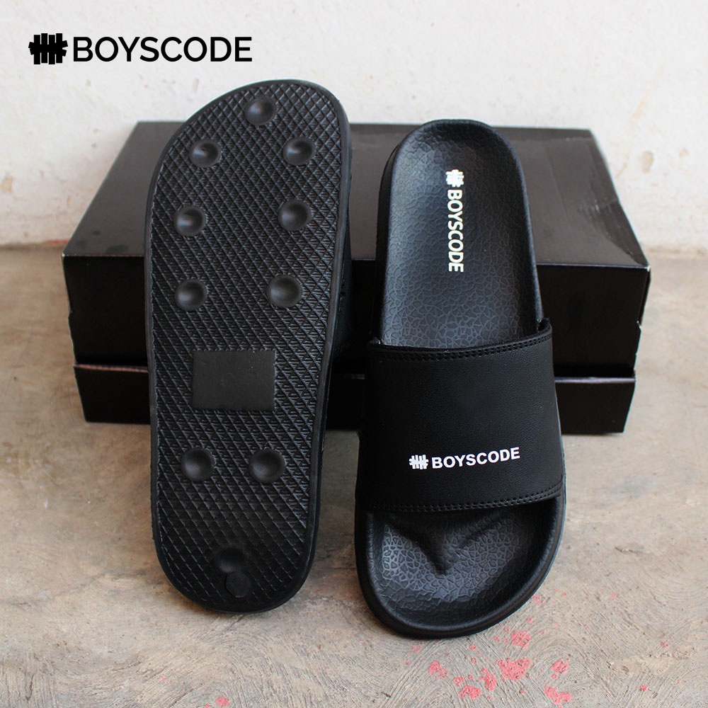 Sendal Slip On Pria Distro Terbaru Boyscode Middle Small Logo Fullblack / Sendal Slide Pria