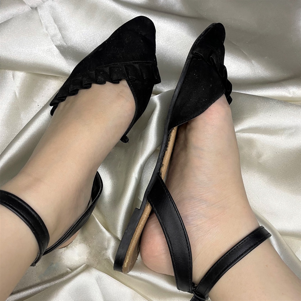 Rubi Renda wanita Woman sepatu shoes sandal sendal tali full black hitam HAK pendek tahu kotak polos