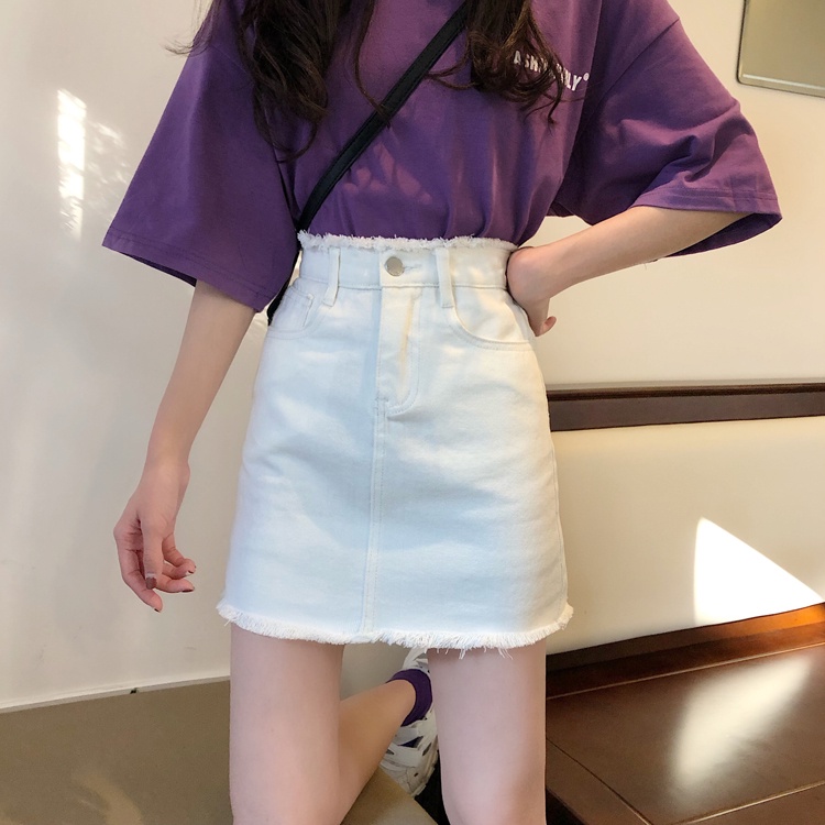 Rok Jeans Pendek A-Line Rok Denim Skirt Pinggang Tinggi Gaya Korea