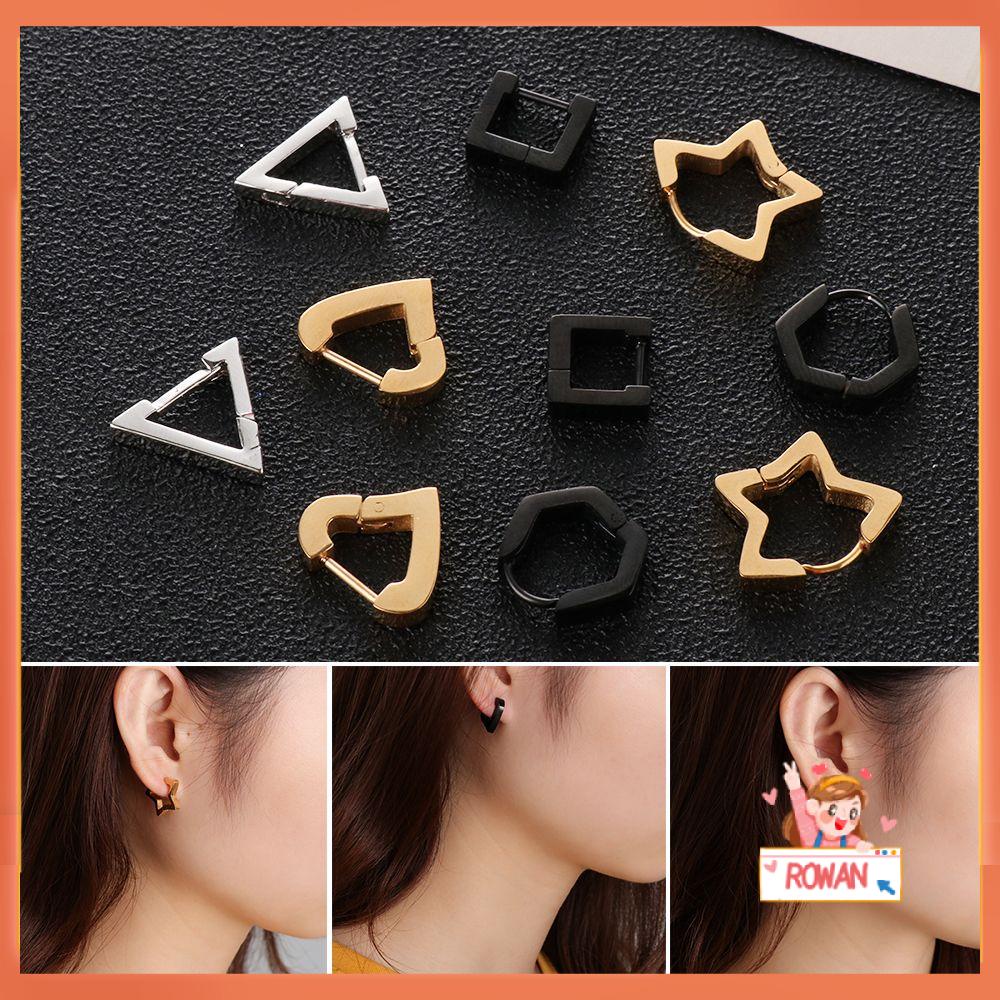 Anting Hoop Tindik Telinga Bentuk Bintang Hati Poligon Bahan Stainless Steel Warna Emas Perak Hitam Untuk Wanita