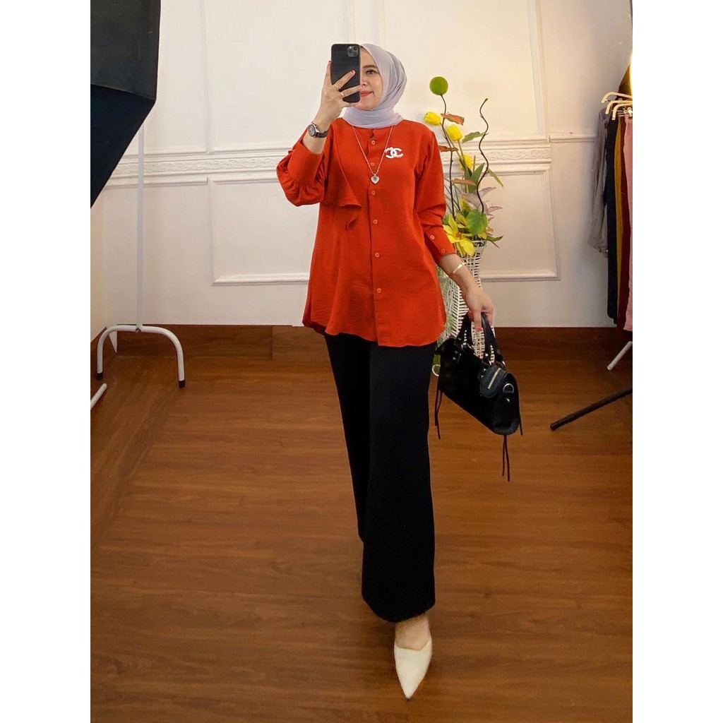 Kemeja Wanita Bahan Katun Crinkle Terbaru Kekinian Rampel Satu Lengan-3