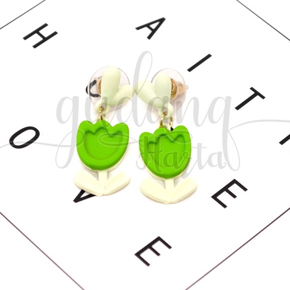 Anting Stud Green Tulip Earrings Motif Bunga Tulip GH 203353