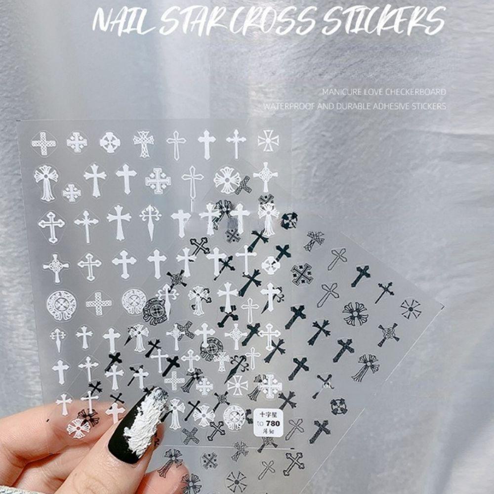 Mxbeauty Stiker Kuku Motif Bunga / Salib / Bintang Warna Hitam / Putih Untuk Nail Art / Manicure