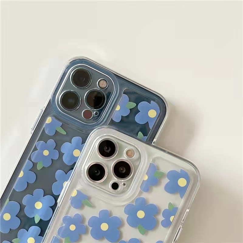 Case Bahan Akrilik Transparan Motif Bunga Biru Untuk iPhone 11 7Plus 8Plus Xr XS 13 12 Pro Max