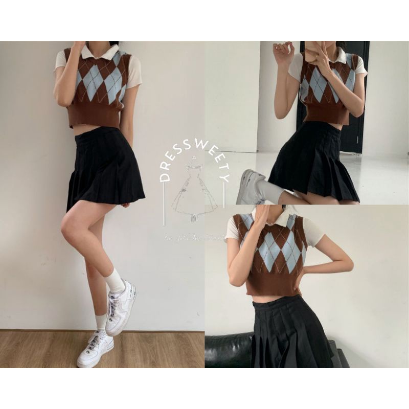 ROSE VEST - Vest Rose blackpink dupes knit import korea / Rompi korea retro argyle pattern knit raju