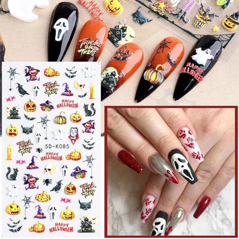 Stiker Kuku Motif Kartun Halloween 5D Untuk Nail Art