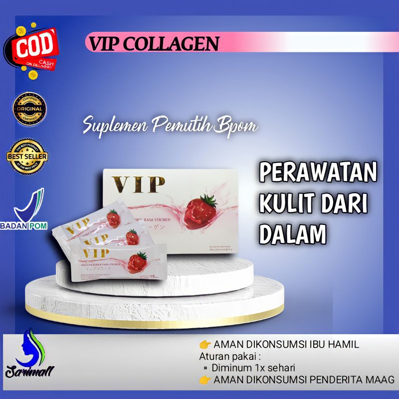 VIP COLLAGEN DRINK MINUMAN SERBUK RASA STRAWBERRY SUPLEMEN KECANTIKAN VIP COLAGEN ORIGINAL BPOM