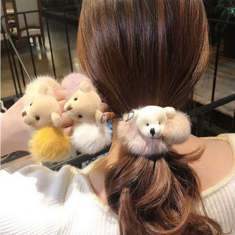 Ikat Rambut Scrunchie Bulu Lembut Tebal Model Kepala Beruang Teddy Bear untuk Wanita Anak Dewasa KCR 03