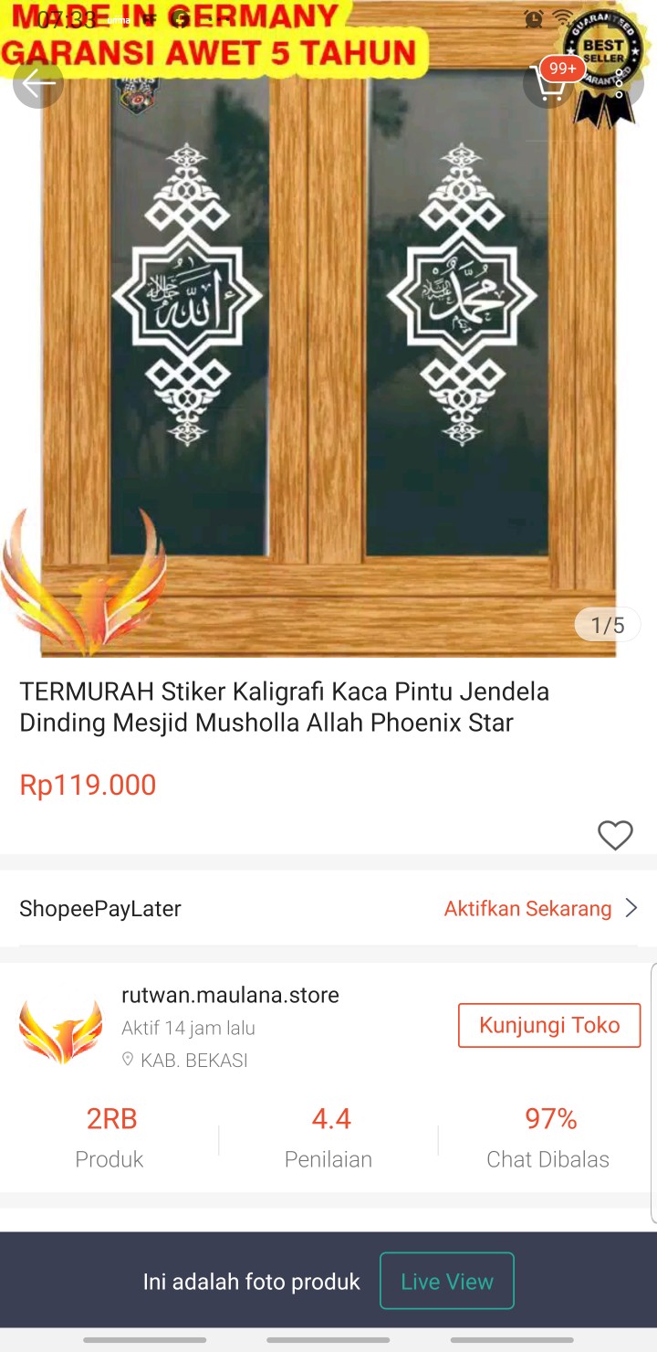 Termurah Stiker Kaligrafi Kaca Pintu Jendela Dinding Mesjid Musholla Allah Phoenix Star