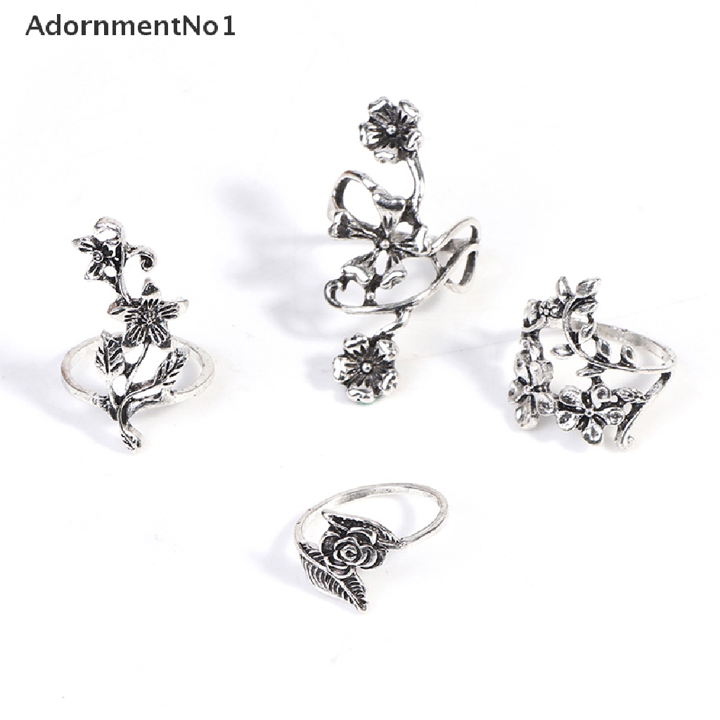 (AdornmentNo1) 4pcs / Set Cincin Silver Antik Gaya Bohemia Motif Bunga Mawar Untuk Perhiasan Wanita