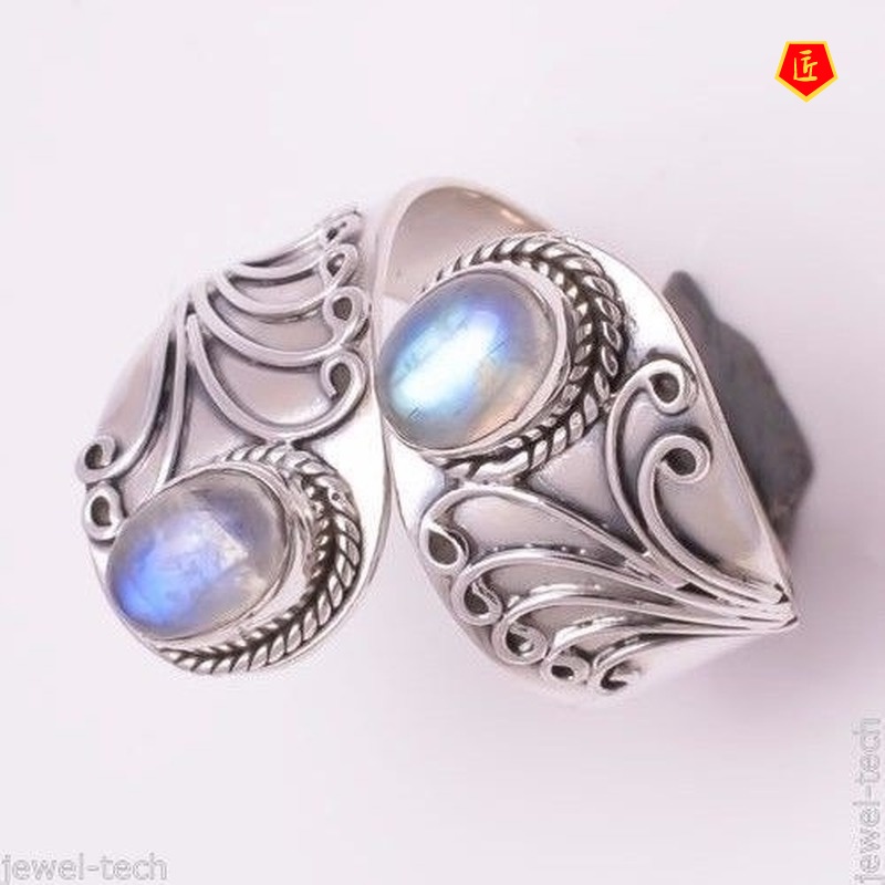 [Ready Stock]Colorful Moonstone Ring Female Exaggerated Carved Punk Style