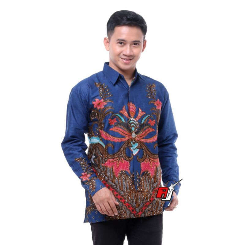 atasan kemeja batik formal casual kerja kantor seragam M L XL lengan panjang biru dongker elektrik