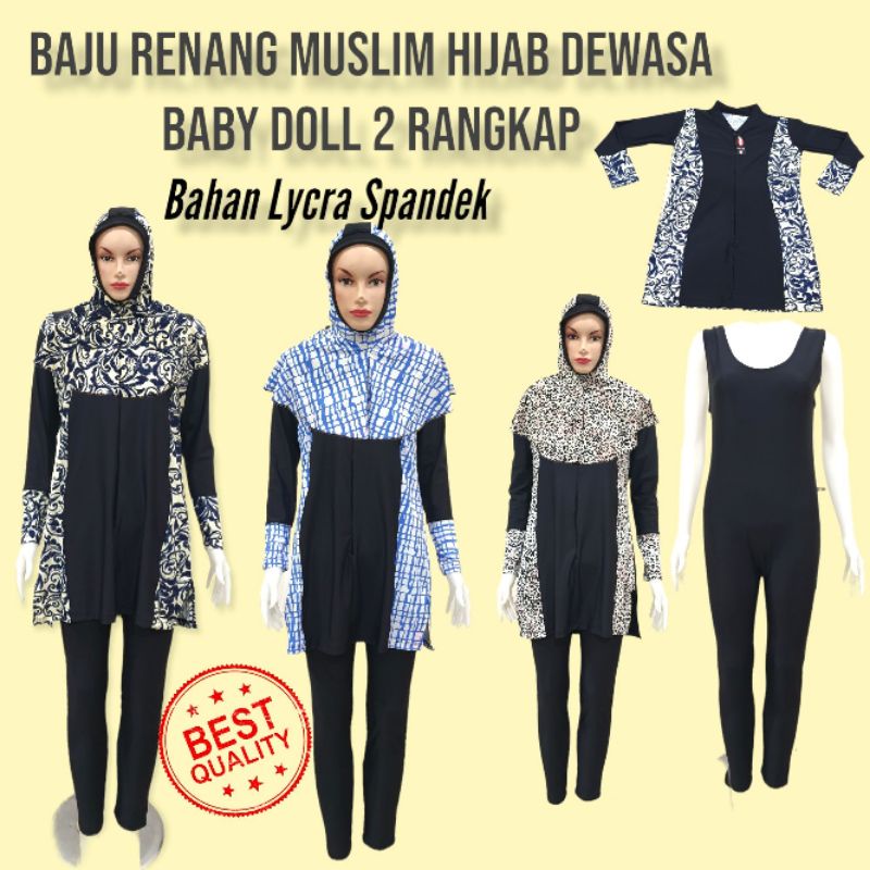 Baju Renang Muslim Hijab Dewasa/Baju Renang Muslim Dewasa Baby Doll 2 Rangkap/Baju Renang Muslim Dewasa Bahan Lycra Spandek