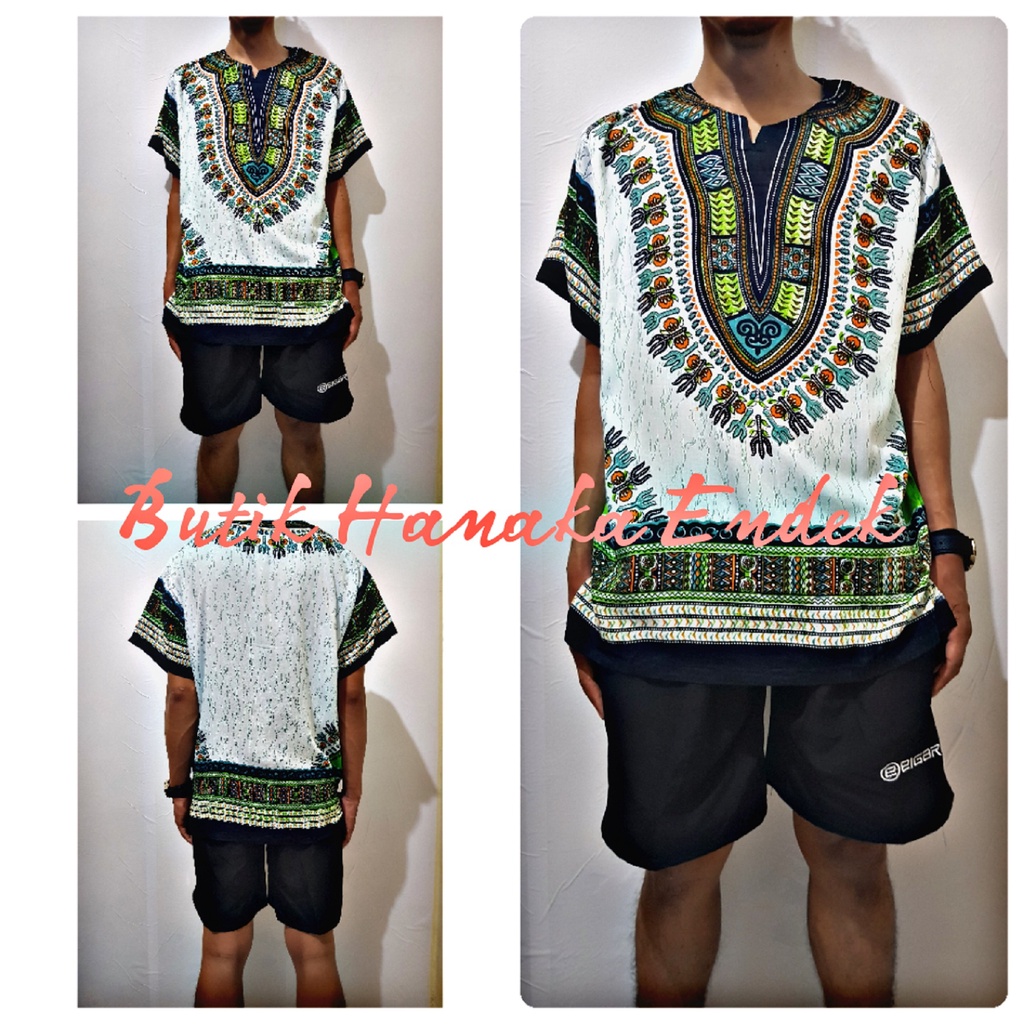 Baju dan Celana Pendek Setekan Etnik Dashiki Putih Pria/Wanita (Unisex)