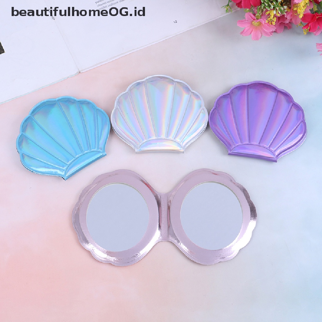 Kaca Pembesar Dua Sisi Bentuk Kerang Laut Bahan Kulit PU Untuk Makeup