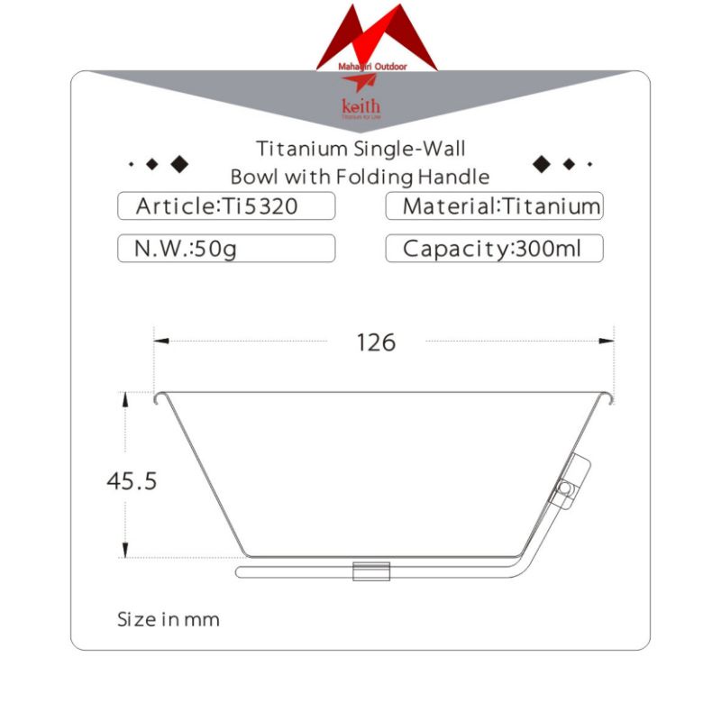 Keith titanium Ti5320 300ml bowl with folding mangkuk camping outdoor ultralight