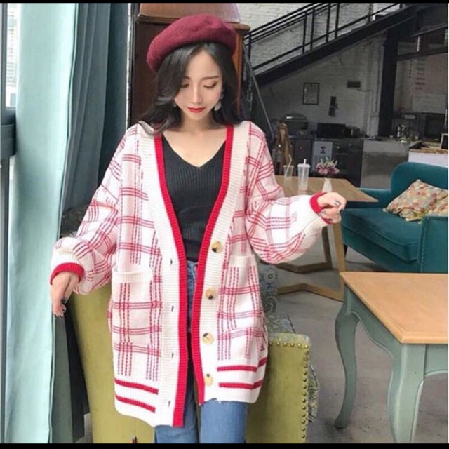 Red white plaid tartan cardigan oversize Parisian style Paris Merah Korea Ulzzang Murah